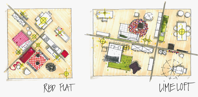 Skizzen/Grundrisse Zimmer Red Flat und Lime Loft